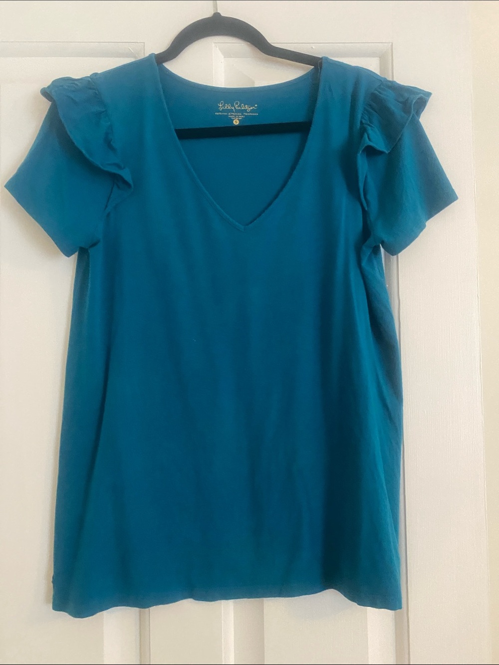 Lilly Pulitzer Teal V-Neck Ruffle Sleeve Tee